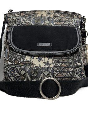 Sakroots Artist Circle Flap Crossbody Purse Cornflower Blue Patchwork Owl Charm